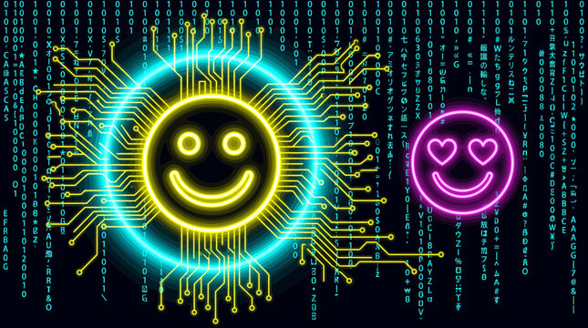 Neon cyberpunk style smiley faces with circuit board patterns and binary code background for digital technology art