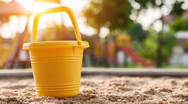 Yellow toy bucket in sandbox on sunny playground