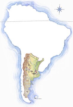 Highly detailed hand-drawn map of Argentina within the outline of South America with a compass rose and the equator