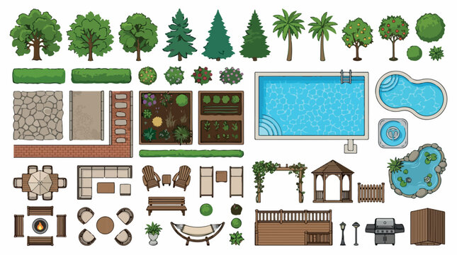 Landscape design elements vector set, garden planning icons with swimming pool and patio furniture, outdoor backyard architecture symbols