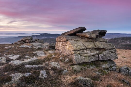 Sunrise on the Brocken, rock formation witch altar and devil's pulpit, Harz National Park, Saxony-Anhalt, Germany