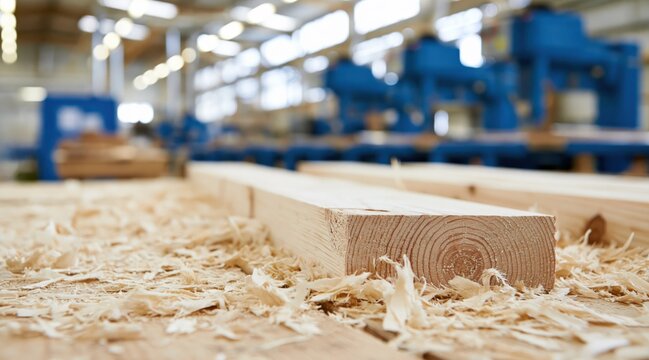 Wooden plank and wood shavings in sawmill factory