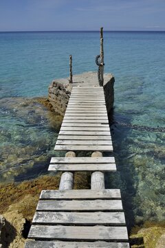 Jetty near the beach of Cala d'Hort, Sant Josep de sa Talaia, Ibiza, Balearic Islands, Spain