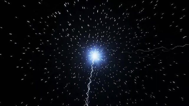 Lightning bolt explosion animation radiating bright electric sparks and plasma energy waves in a dark motion background video clip