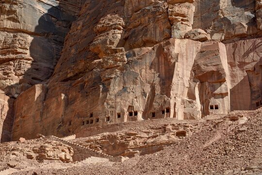 Lion tombs in the rocks of al-Khuraybah, Dadan or Dedan, near AlUla, Medina Province, Saudi Arabia, Arabian Peninsula