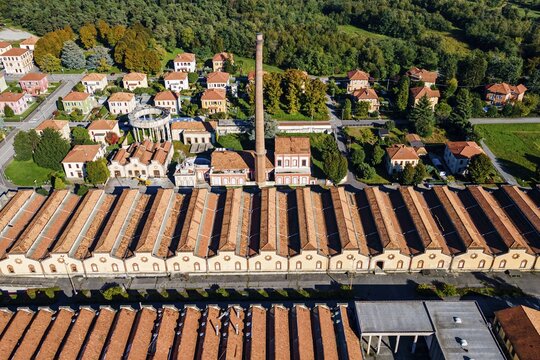 Aerial of the Unesco world heritage site "company town". Crespi d&acute;Adda, Italy
