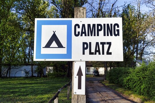 Sign with inscription campsite, pictogram tent, Bugac puszta, Kiskunsag National Park, Hungary