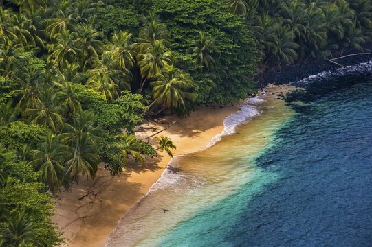 Overlook over banana beach, Unesco biosphere reserve, Principe, Sao Tome and Principe, Atlantic Ocean