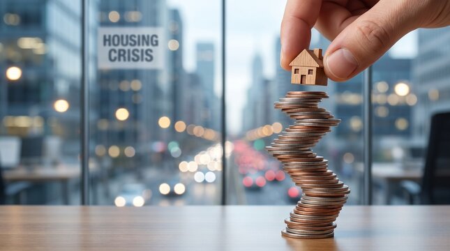 Human hand placing wooden house model on unstable wobbly coin stack with Housing Crisis text on blurred city background
