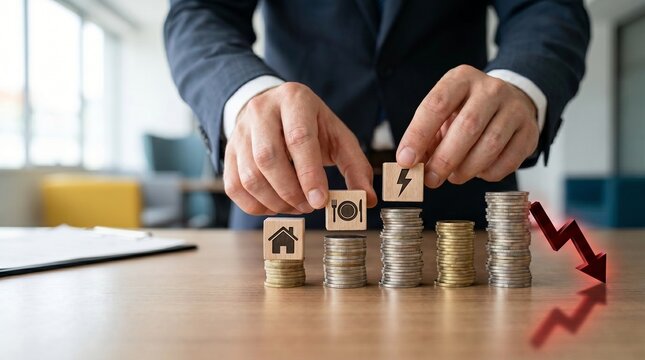 Businessman hands arranging wooden blocks with household icons on coin stacks next to glowing red downward trend arrow