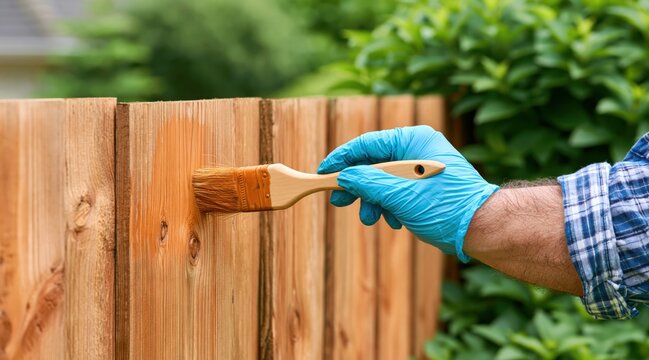 Hand in blue glove staining wooden fence with paintbrush