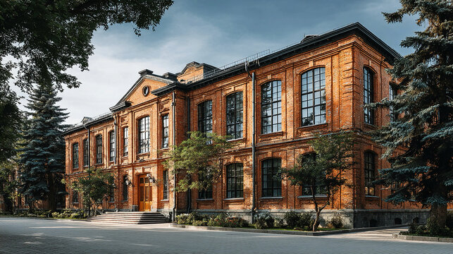 Traditional school building with brick walls, large windows, and green surroundings, illustrating classic educational architecture and organized campus environment concept.