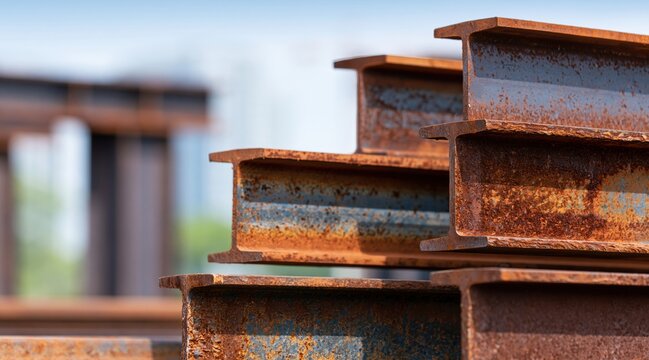 Stack of rusty steel i-beams at industrial construction site
