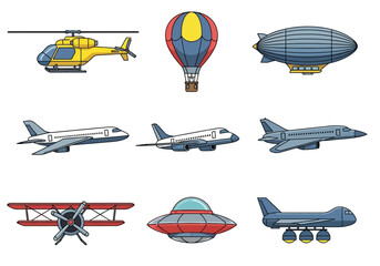 Set of Aircraft and Aviation Transport Icons Including Airplane, Helicopter, Hot Air Balloon, UFO, Blimp, and Jet Engine Planes Isolated on White Background © Prayitno