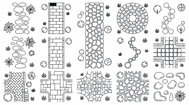 Landscape design garden path symbols, architectural site plan vector elements, stone walkway and paving patterns for backyard landscaping