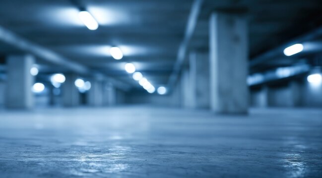 Blurred empty underground parking lot with blue neon lighting and bokeh