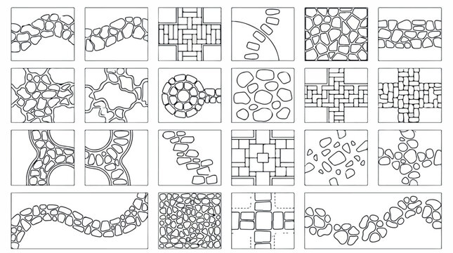 Stone pavement top view icons, 22 landscape architecture garden path vector elements, cobblestone walkway and brick patio paving patterns