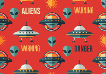 Retro Alien Invasion Seamless Pattern with UFOs, Extraterrestrial Heads, and Warning Signs on Red Background © Prayitno