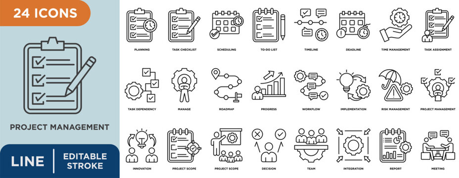 Project management line icon set with editable stroke for business, workflow, planning, task management, and team collaboration.