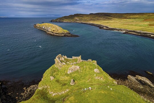 Aerial of Duntulm Castle, Isle of Skye, Scotland, UK