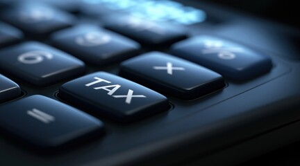 Obraz premium Close up of black calculator with tax button and arithmetic symbols
