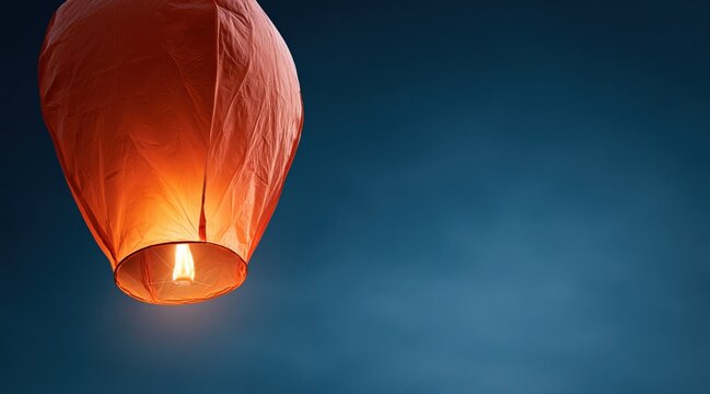 Glowing paper sky lantern flying in dark blue evening sky