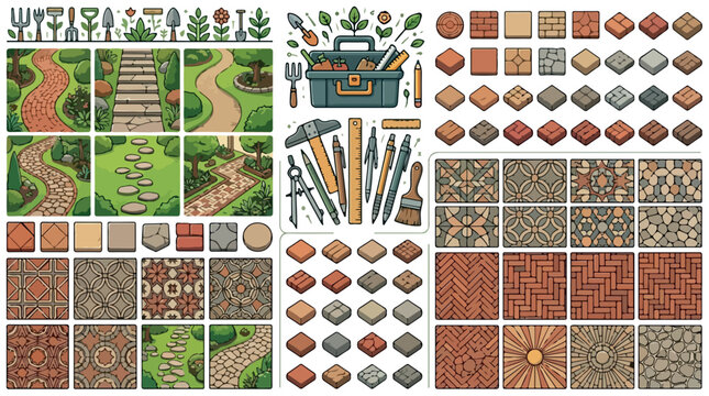 Garden landscaping design kit, paving stone patterns and walkway illustrations, outdoor construction tools and masonry vector set