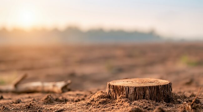 Close up of tree stump in deforested field at sunset