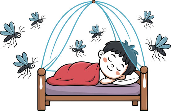 Two young boys sleeping safely in beds under mosquito nets to prevent malaria and dengue fever infections from flying mosquitoes vector illustration for health awareness