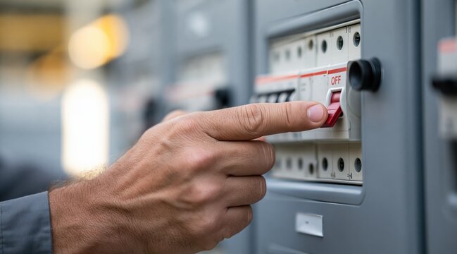Hand turning off red circuit breaker in industrial electrical panel