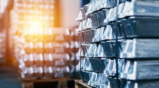 Silver metal ingots stacked on pallets in industrial storage warehouse