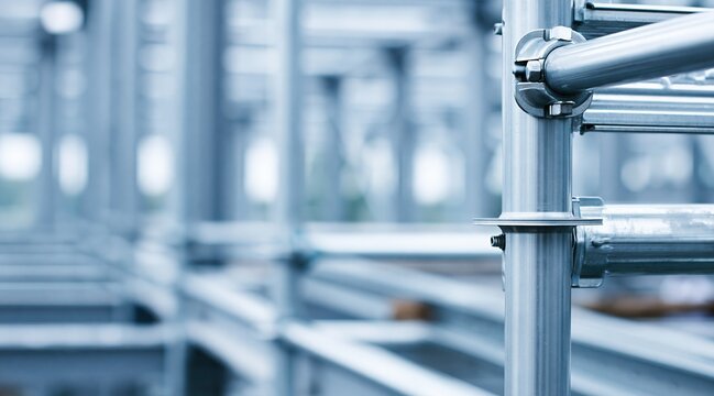 Close up of steel scaffolding joint in industrial construction site