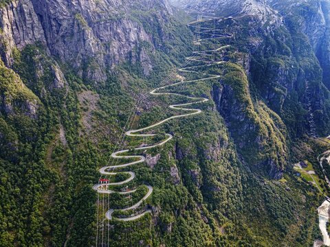 Zigzag road leading down to Lysebodn, at trhe end of Lystrefjord, Norway