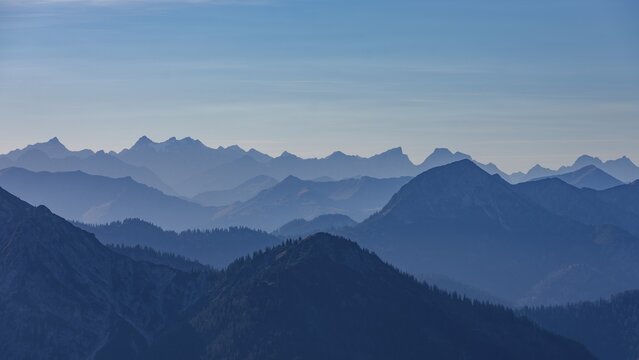 Alpine panorama, silhouette of mountain ranges, Mangfall mountains, Spitzingsee, Upper Bavaria, Bavaria, Germany