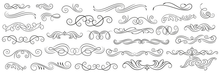Fototapeta premium Calligraphic swirl floral ornaments. Modern swirling flourishes, wreath, romantic card decorative swirl and wedding card decor curls swirls dividers set. Black curly thin lines
