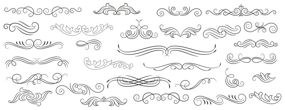 Calligraphic swirl floral ornaments. Modern swirling flourishes, wreath, romantic card decorative swirl and wedding card decor curls swirls dividers set. Black curly thin lines