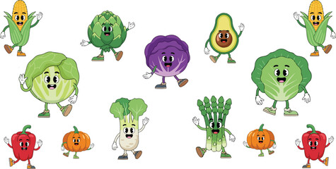 Obraz premium Vegetables set with happy faces including bell pepper avocado pumpkin corn and celery for healthy eating education and organic food brandingset with happy face bell pepper avocado pumpkin corn.