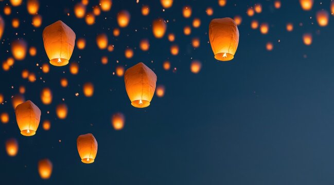 Orange sky lanterns flying in night sky during festival