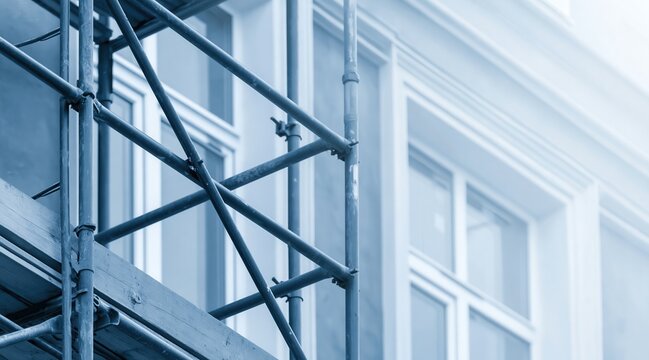 Metal scaffolding in front of building facade with windows