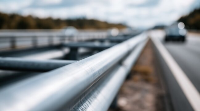 Metal guardrail on highway with blurred cars