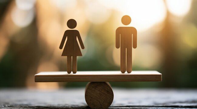 Male and female wooden figures balancing on wooden seesaw
