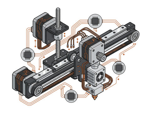 Intricate Flat Vector Illustration of 3D Printer Mechanism with G-Code Controller Circuitry on White Background