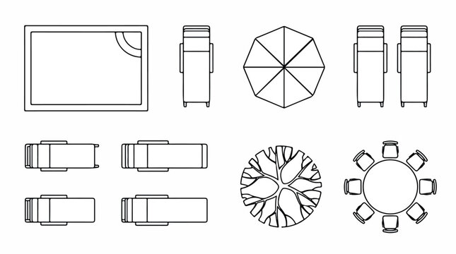 Architectural floor plan symbols, outdoor furniture top view icons, landscape design vector elements for patio and garden layout planning