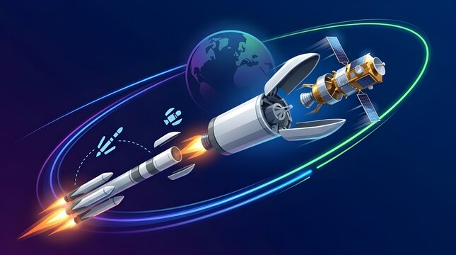 Satellite emerging from launch vehicle payload fairing during multi-stage rocket separation in space orbit, featuring planet earth and neon orbital trail vector illustration.