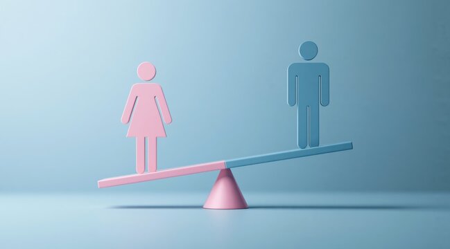 Male and female icons balancing on seesaw representing gender inequality