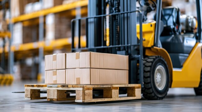 Yellow forklift lifting wooden pallet with cardboard boxes in warehouse