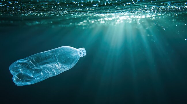 Empty plastic bottle floating underwater in blue ocean