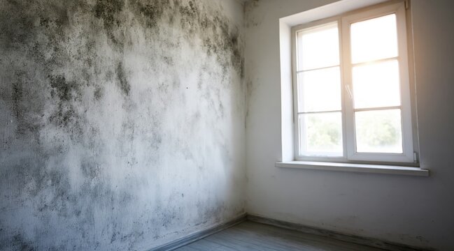 Black mold growth on white wall in empty room with window
