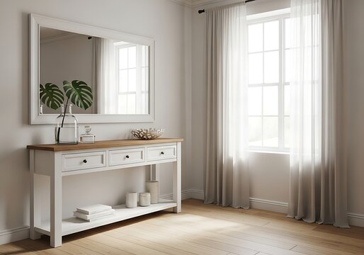 Modern white wooden console table with mirror and plant in a bright living room interior