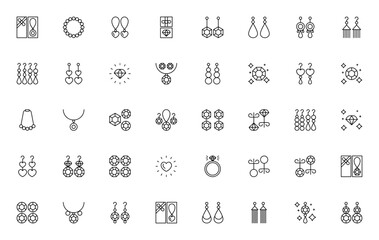 Obraz premium Jewellery icon set. Minimal thin line web icons pack. Vector illustration. Featuring gift, necklace, earrings, diamond, ring, heart, precious stone, jewelry and more. Editable vector stroke.